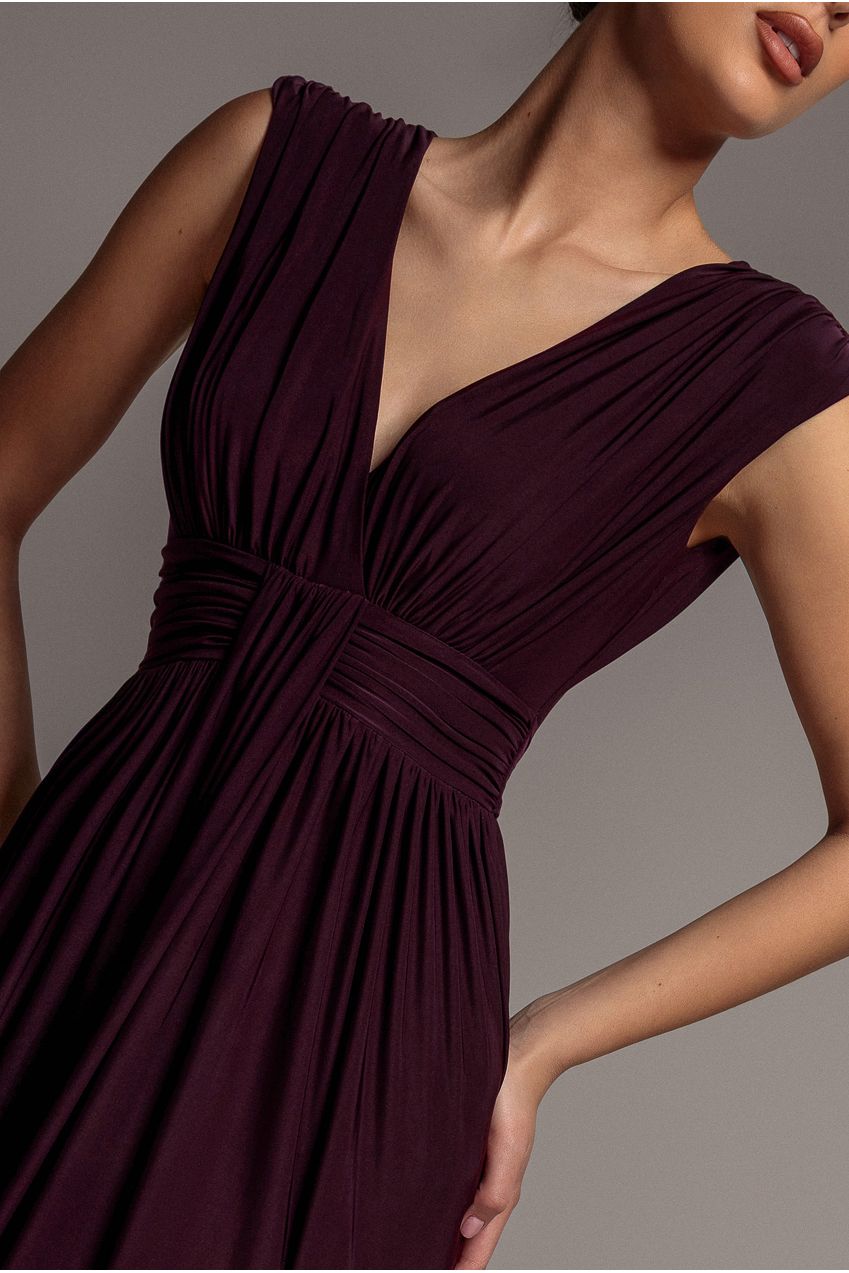 Gathered Shoulder Wrap Neck Draped Waist Maxi Dress - Burgundy DR5005
