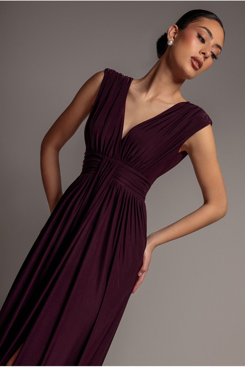 Gathered Shoulder Wrap Neck Draped Waist Maxi Dress - Burgundy DR5005