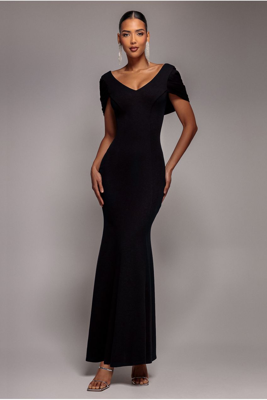 V Neck Cowl Back Pleated Sleeve Scuba Maxi Dress - Black DR5010