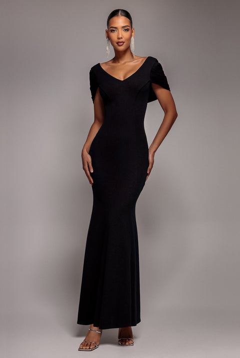 V Neck Cowl Back Pleated Sleeve Scuba Maxi Dress - Black by Goddiva