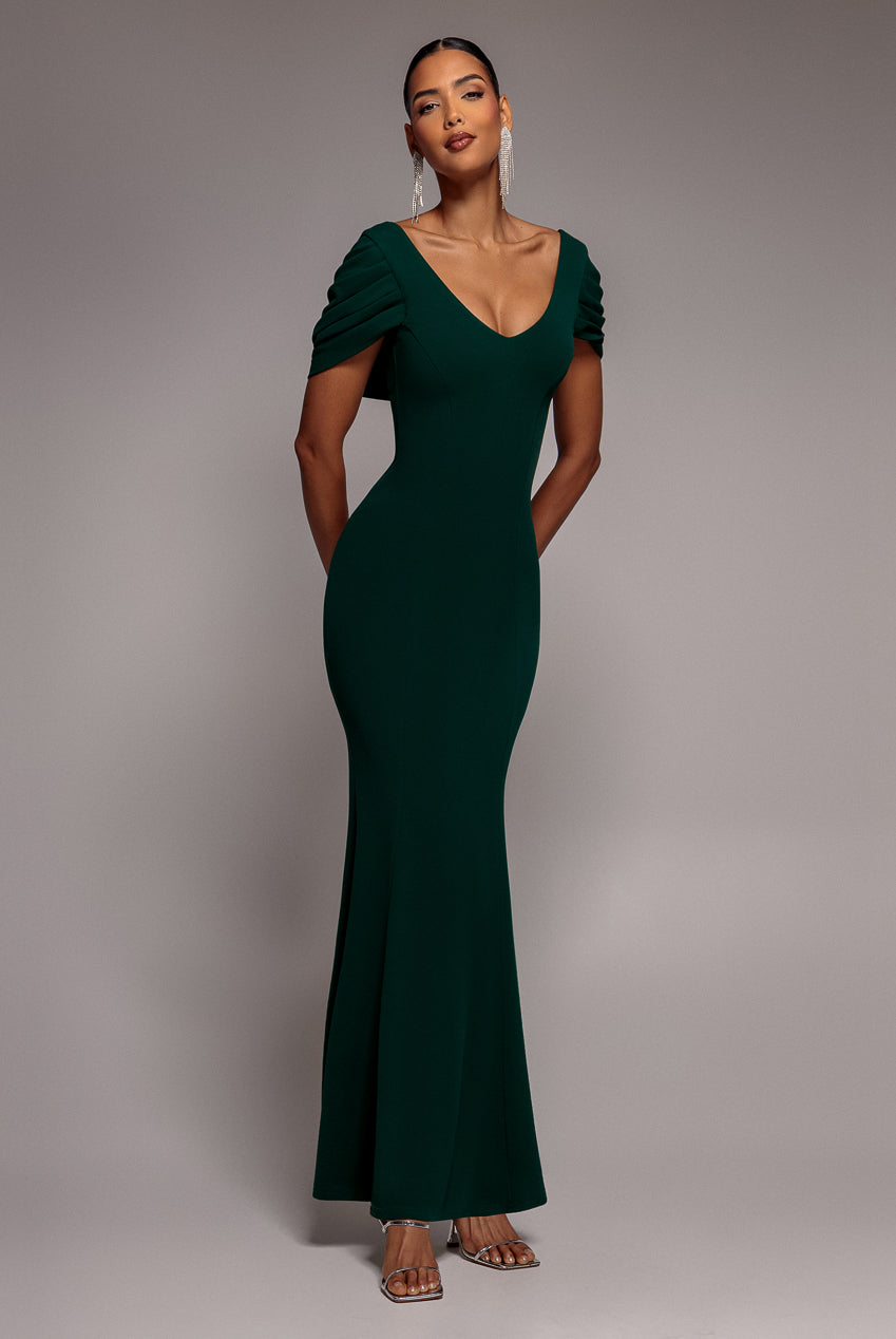 V Neck Cowl Back Pleated Sleeve Scuba Maxi Dress - Emerald Green DR5010