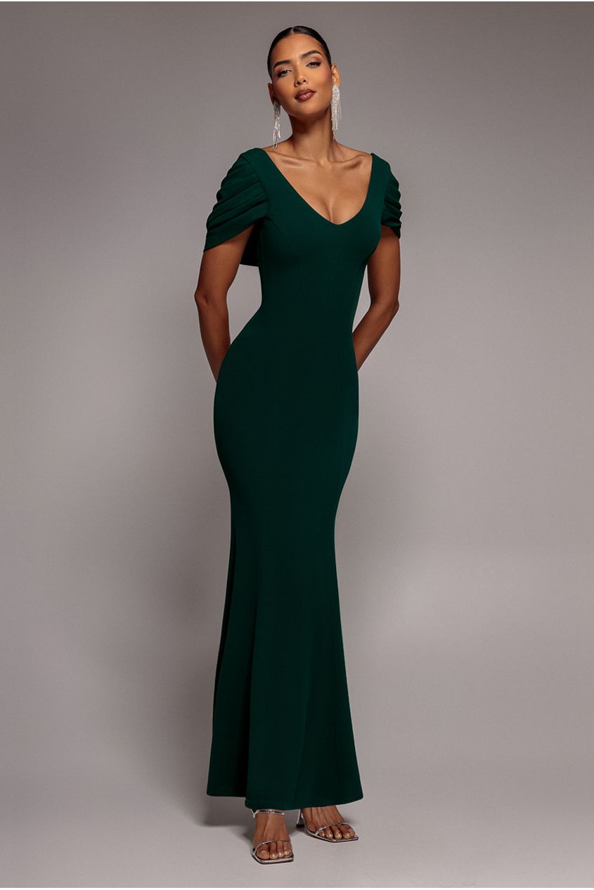 green emerald velvet dress V Neck Cowl Back Pleated Sleeve Scuba Maxi Dress - Emerald Green