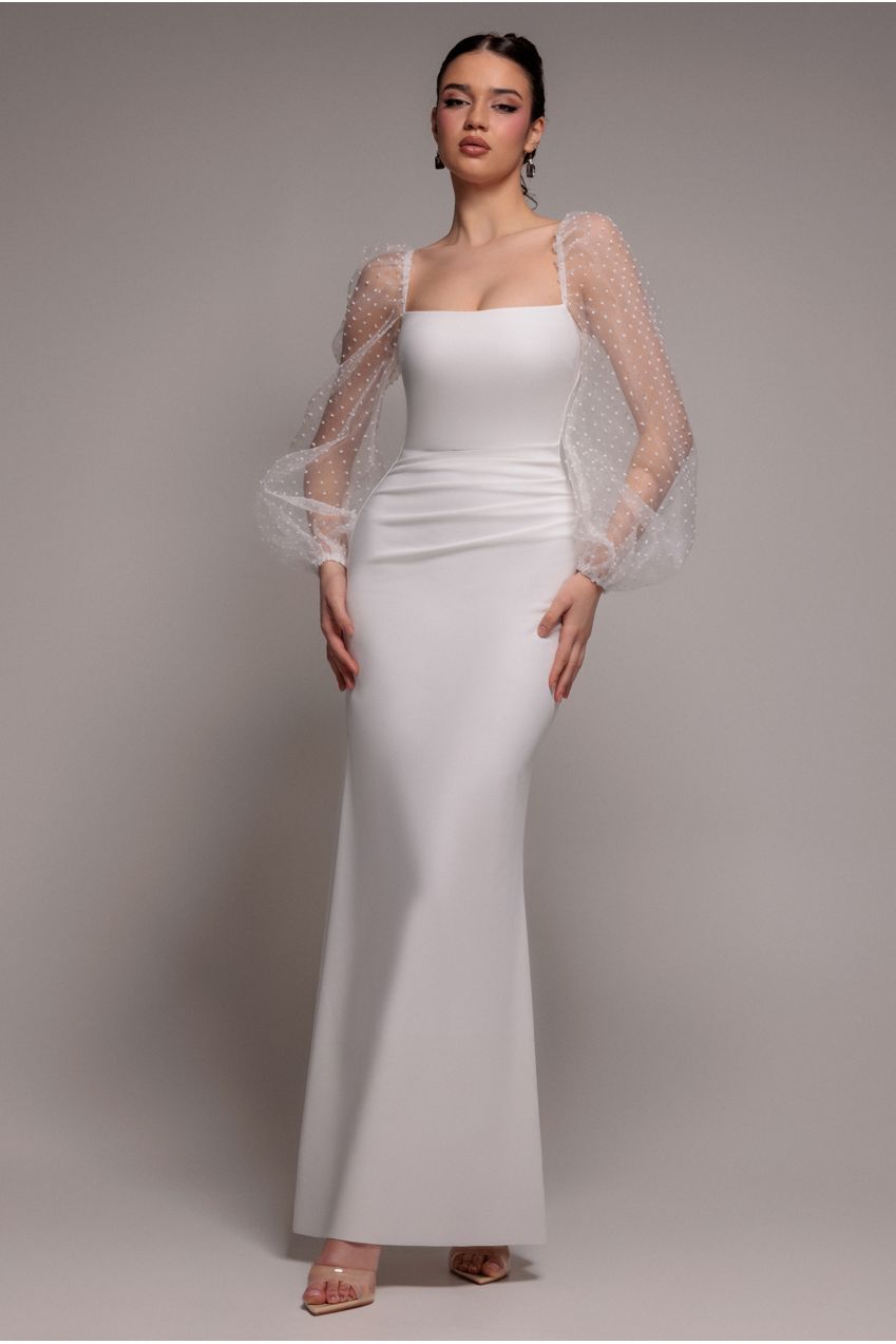 Dobby Organza Bishop Sleeve Multiway Maxi Dress - White | Goddiva Dobby Organza Bishop Sleeve Multiway Maxi Dress - White | Goddiva