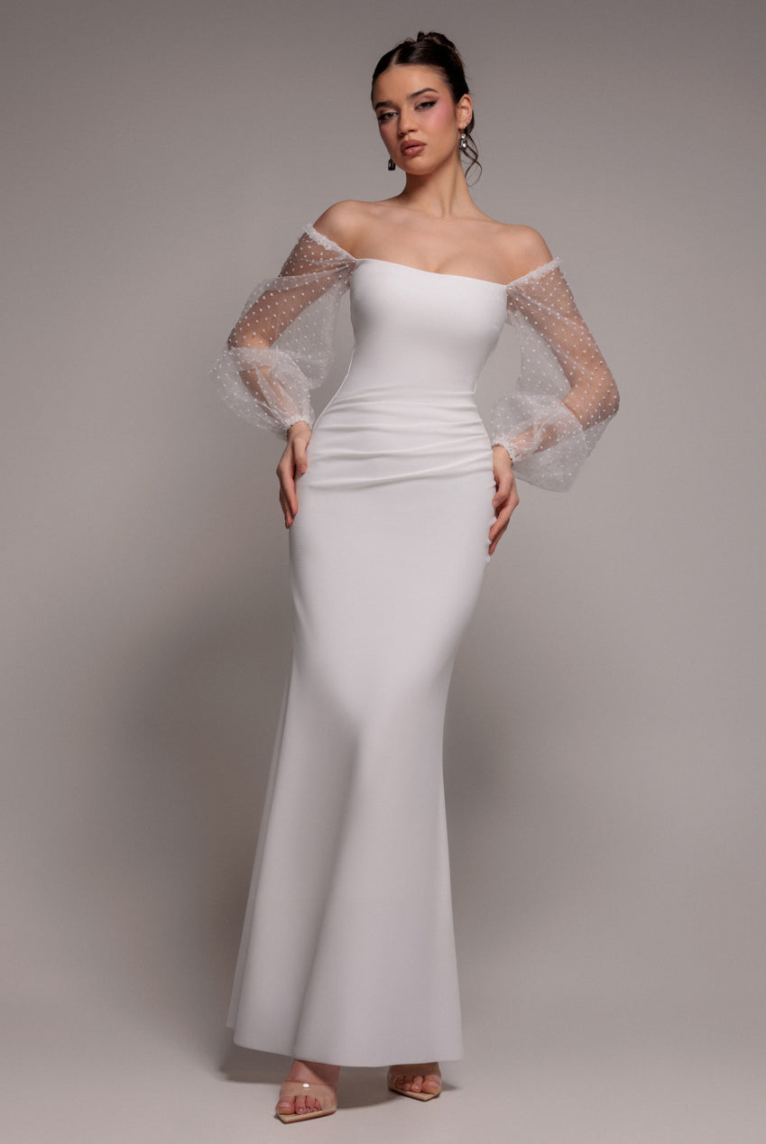 Dobby Organza Bishop Sleeve Multiway Maxi Dress - White DR5011