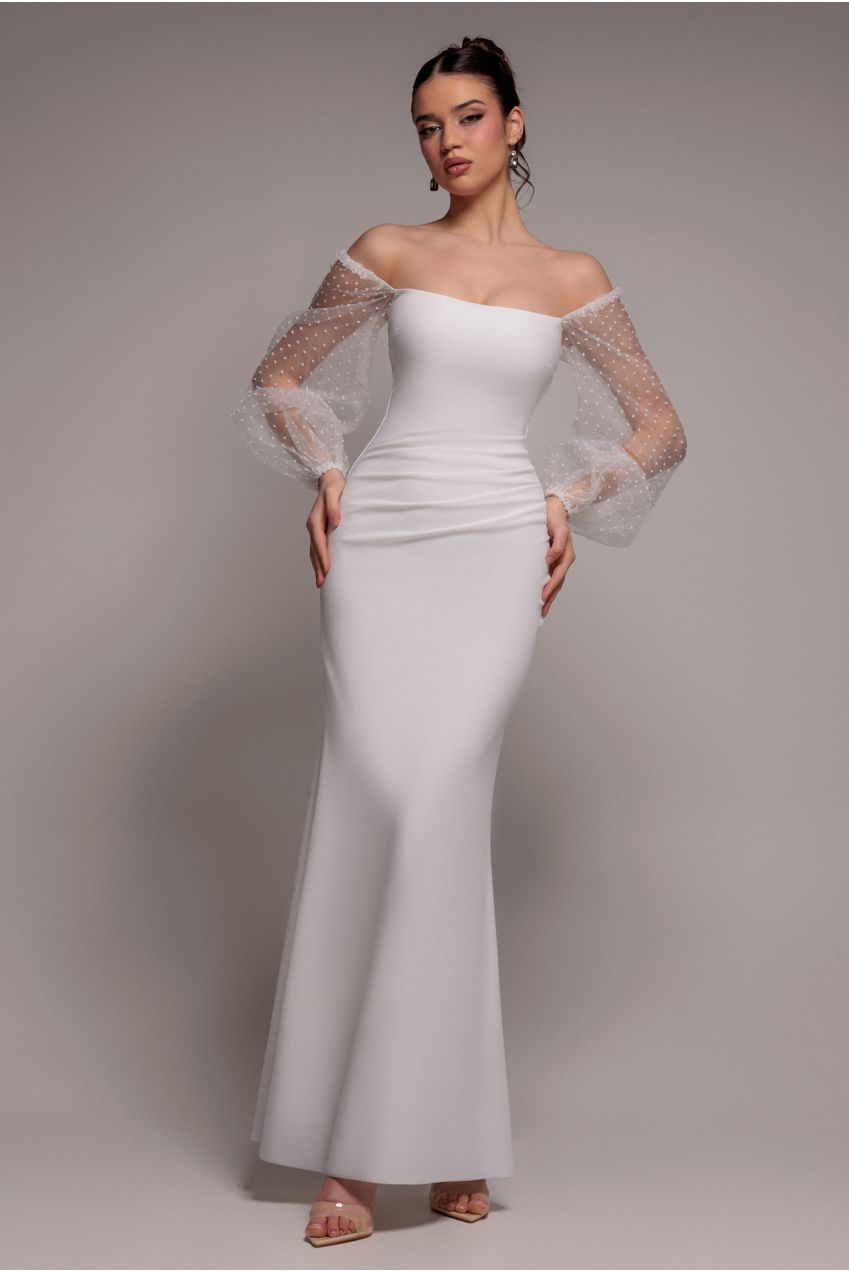 Dobby Organza Bishop Sleeve Multiway Maxi Dress - White DR5011
