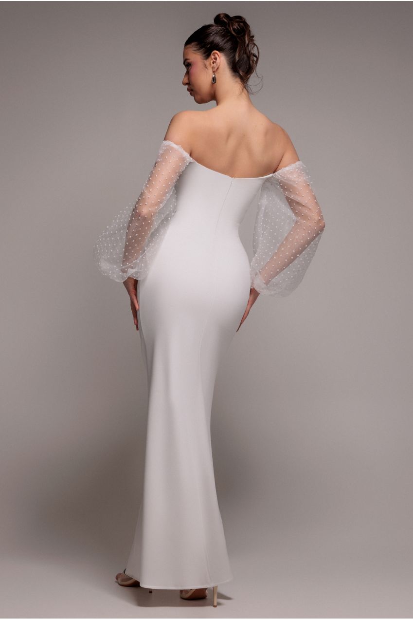 Dobby Organza Bishop Sleeve Multiway Maxi Dress - White DR5011