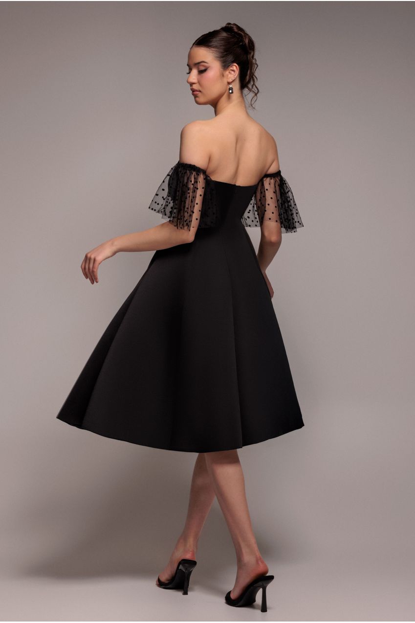 Scuba & Polka Mesh Off The Shoulder Midi Dress - Black DR5016