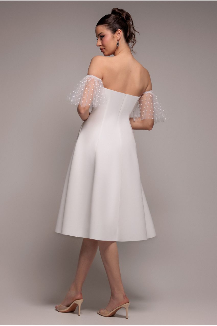 Scuba & Polka Mesh Off The Shoulder Midi Dress - White DR5016