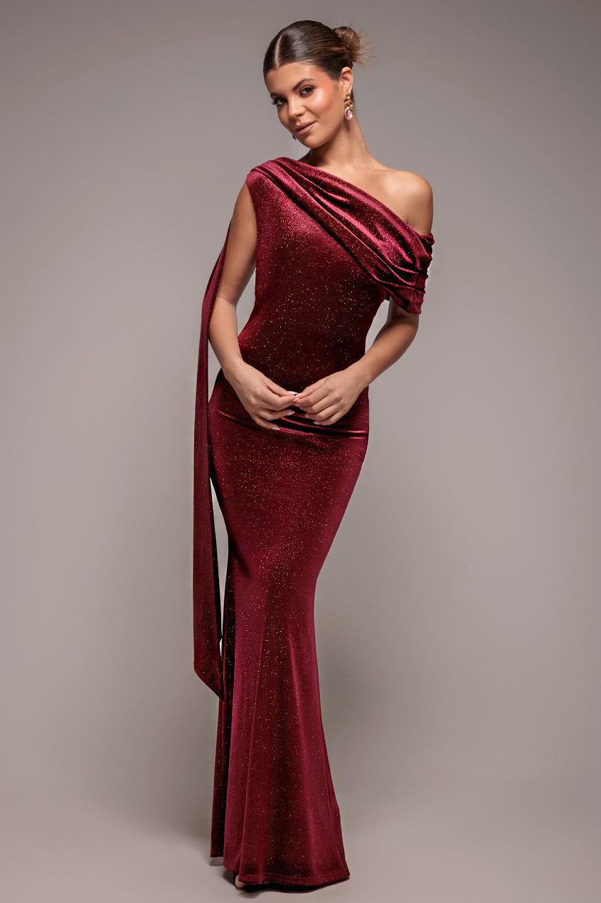 Glitter Velvet Sash One Shoulder Bardot Maxi Dress - Wine DR5017