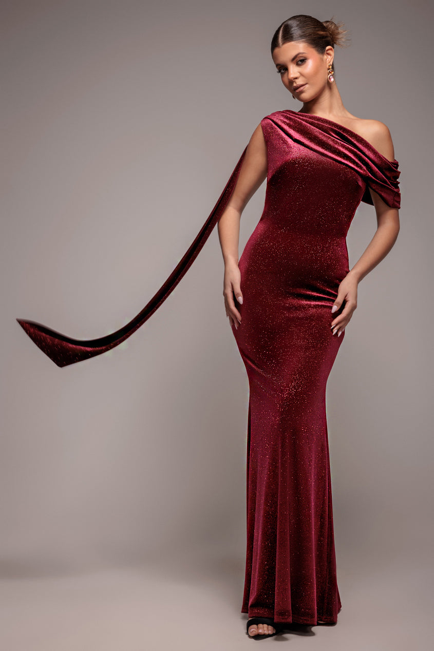 Glitter Velvet Sash One Shoulder Bardot Maxi Dress - Wine DR5017