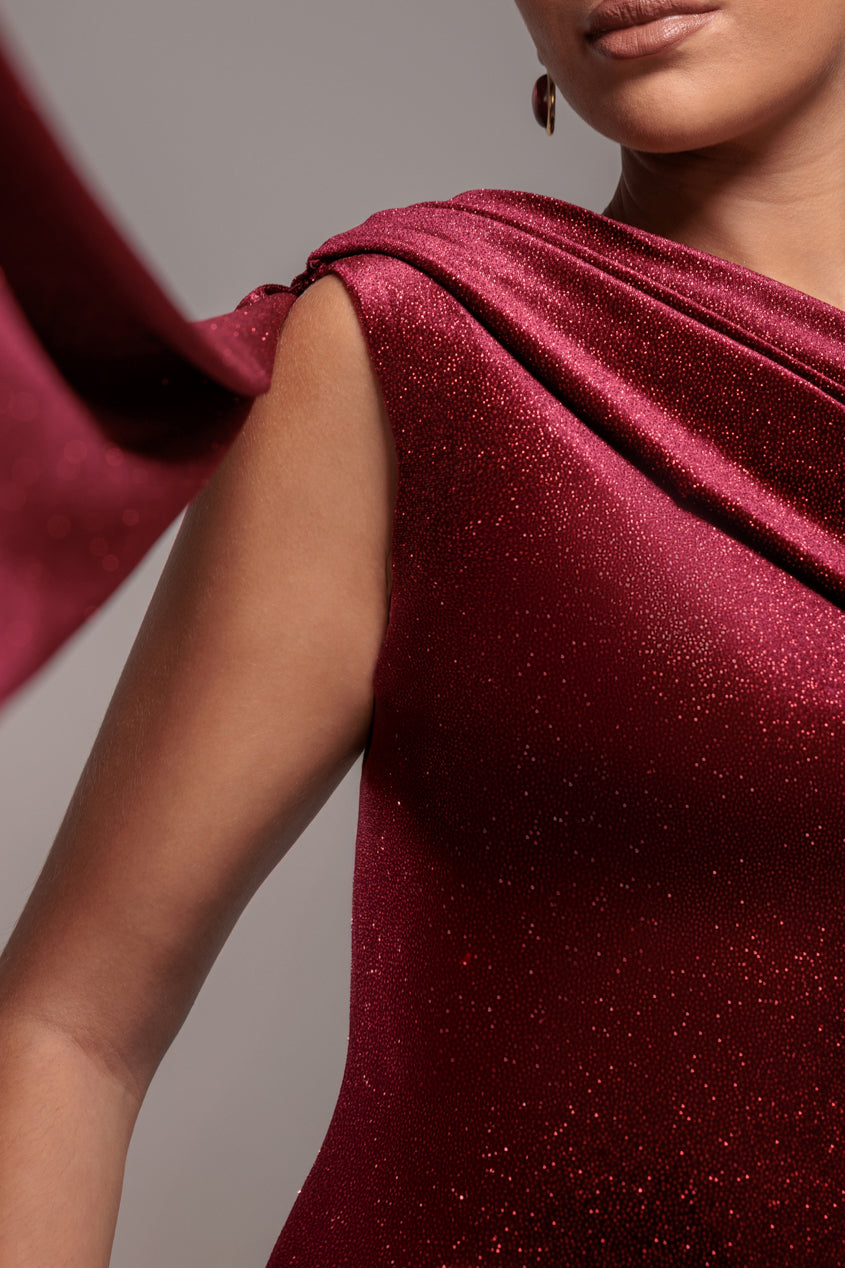 Glitter Velvet Sash One Shoulder Bardot Maxi Dress - Wine DR5017