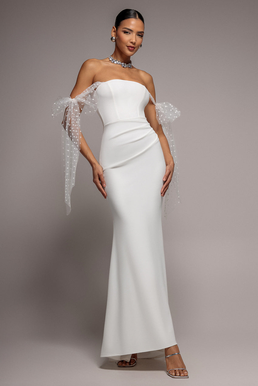 Scuba & Polka Mesh Bella Bow Multiway Maxi Dress - White DR5020