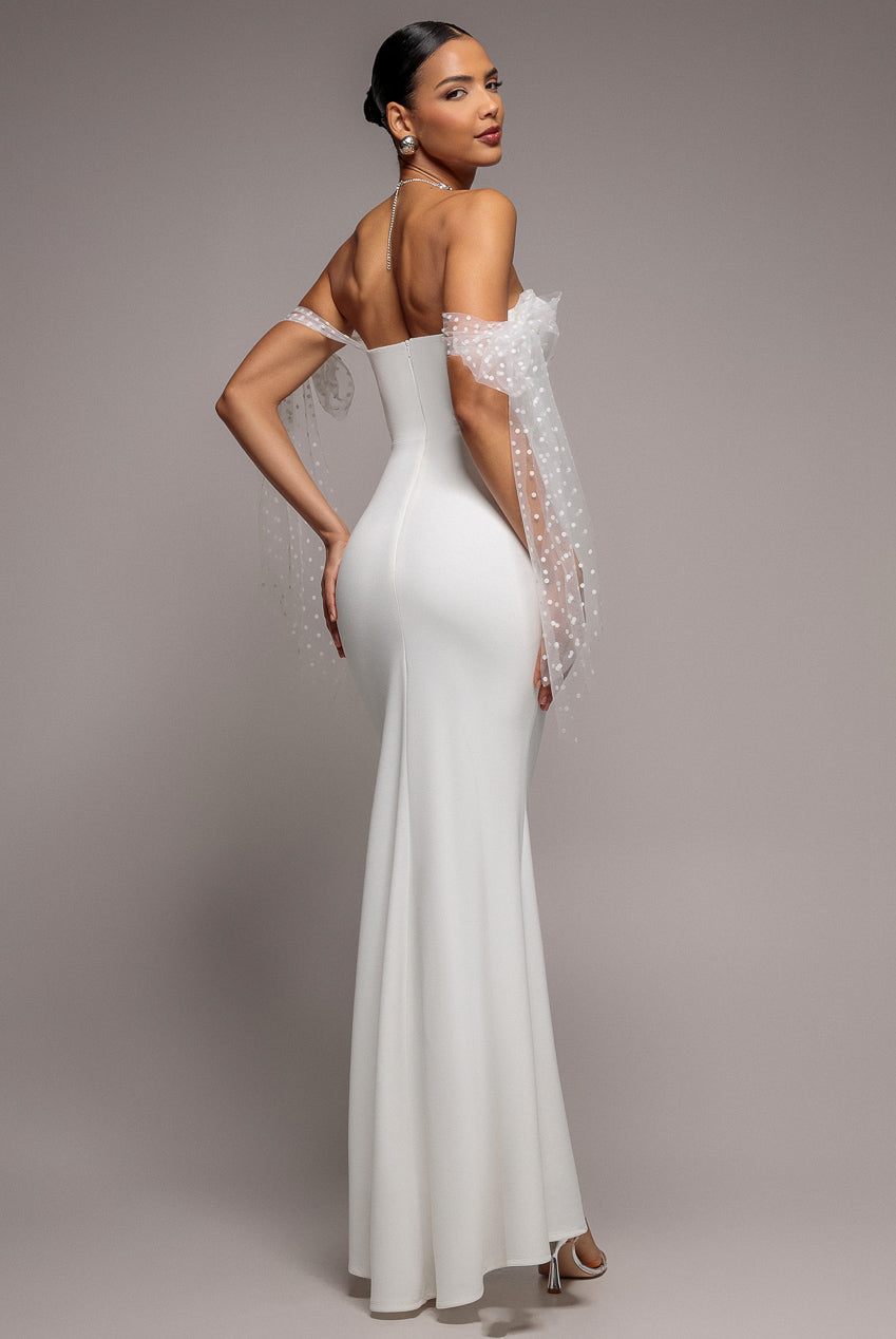 Scuba & Polka Mesh Bella Bow Multiway Maxi Dress - White DR5020