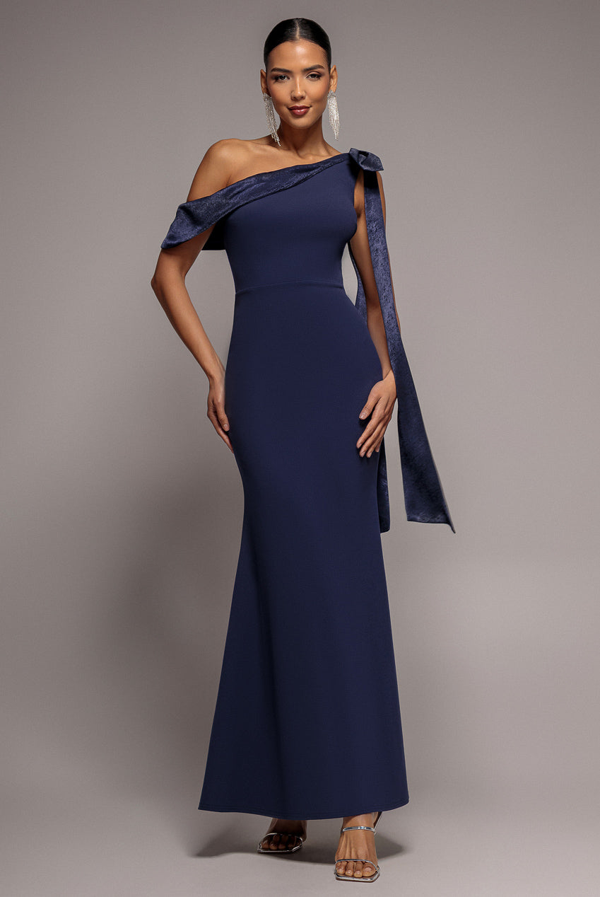 One Shoulder Velvet Satin Bow Cape Maxi Dress - Navy Blue DR5021