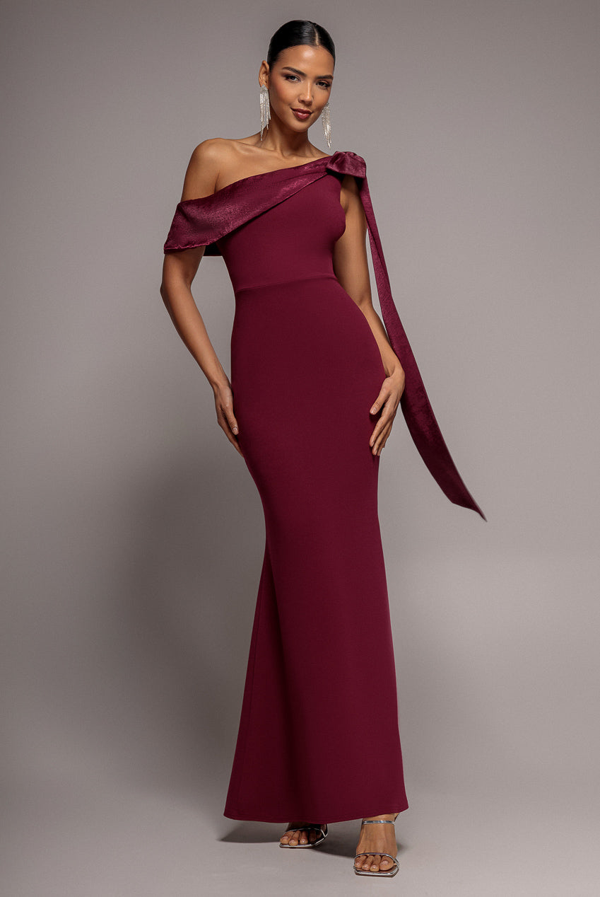One Shoulder Velvet Satin Bow Cape Maxi Dress - Burgundy DR5021