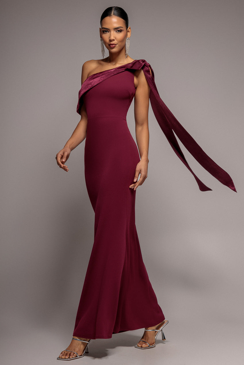 One Shoulder Velvet Satin Bow Cape Maxi Dress - Burgundy DR5021