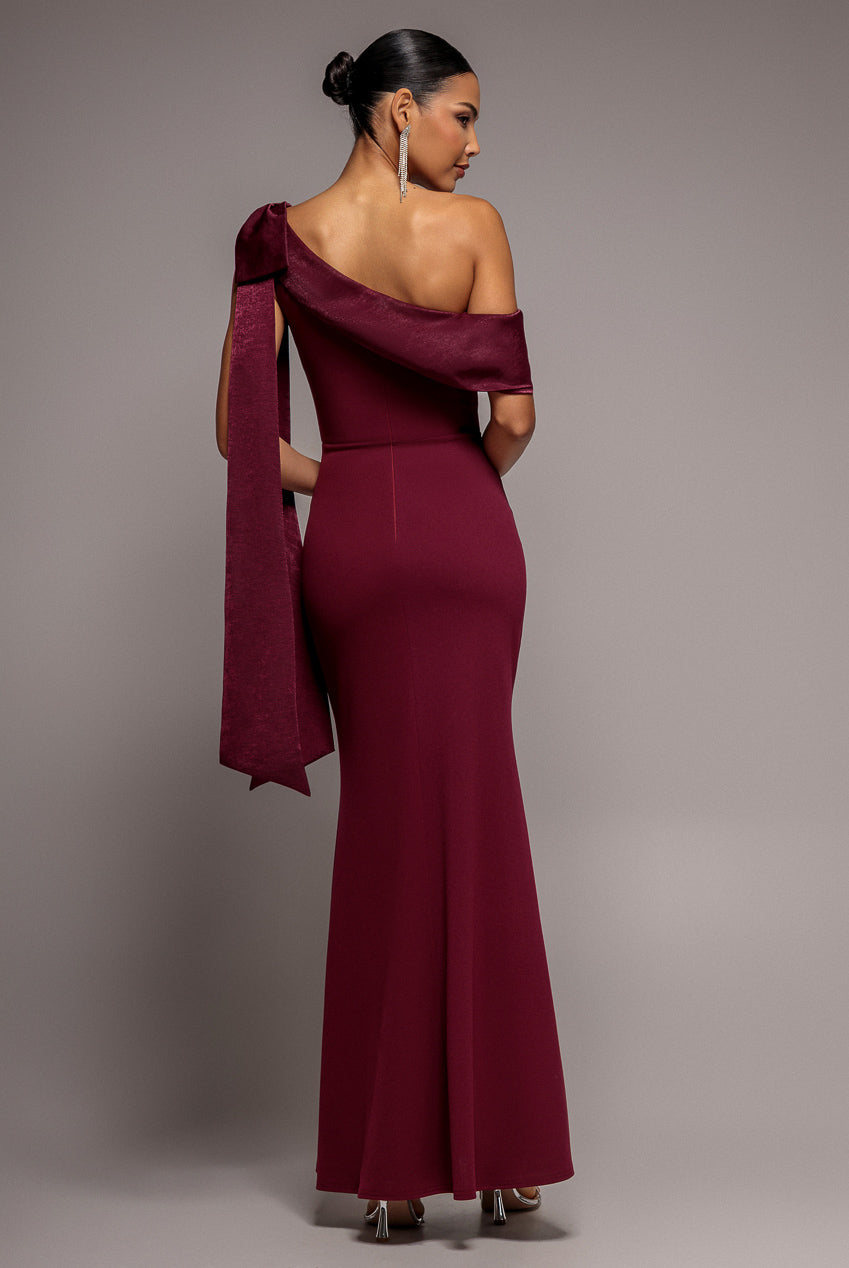One Shoulder Velvet Satin Bow Cape Maxi Dress - Burgundy DR5021