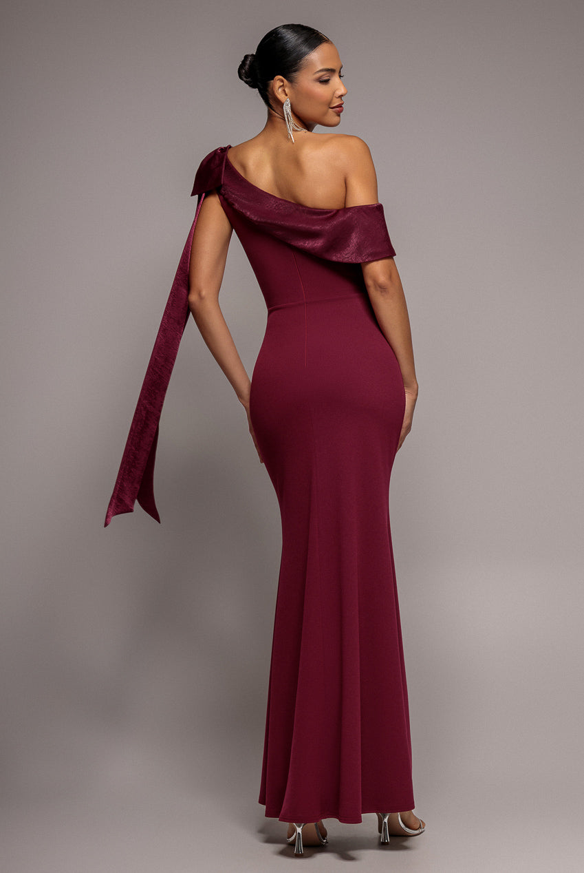 One Shoulder Velvet Satin Bow Cape Maxi Dress - Burgundy DR5021