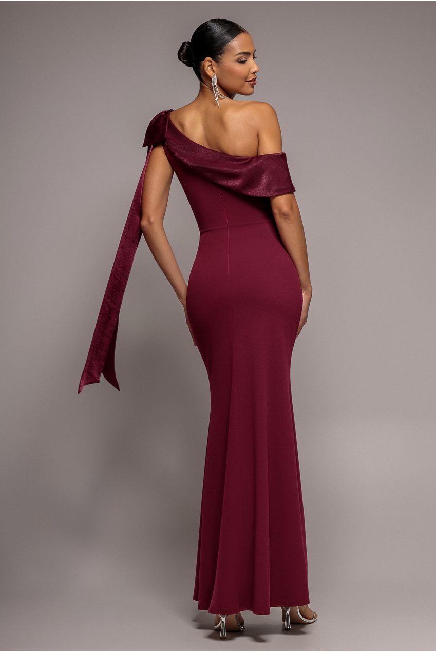 One Shoulder Soft Satin Bow Cape Maxi Dress - Burgundy DR5021