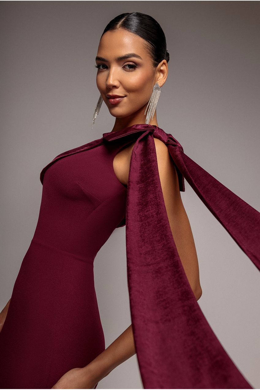 One Shoulder Soft Satin Bow Cape Maxi Dress - Burgundy DR5021