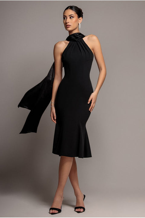 Scuba & Soft Satin Halterneck Midi Dress With Back Sash - Black by Goddiva