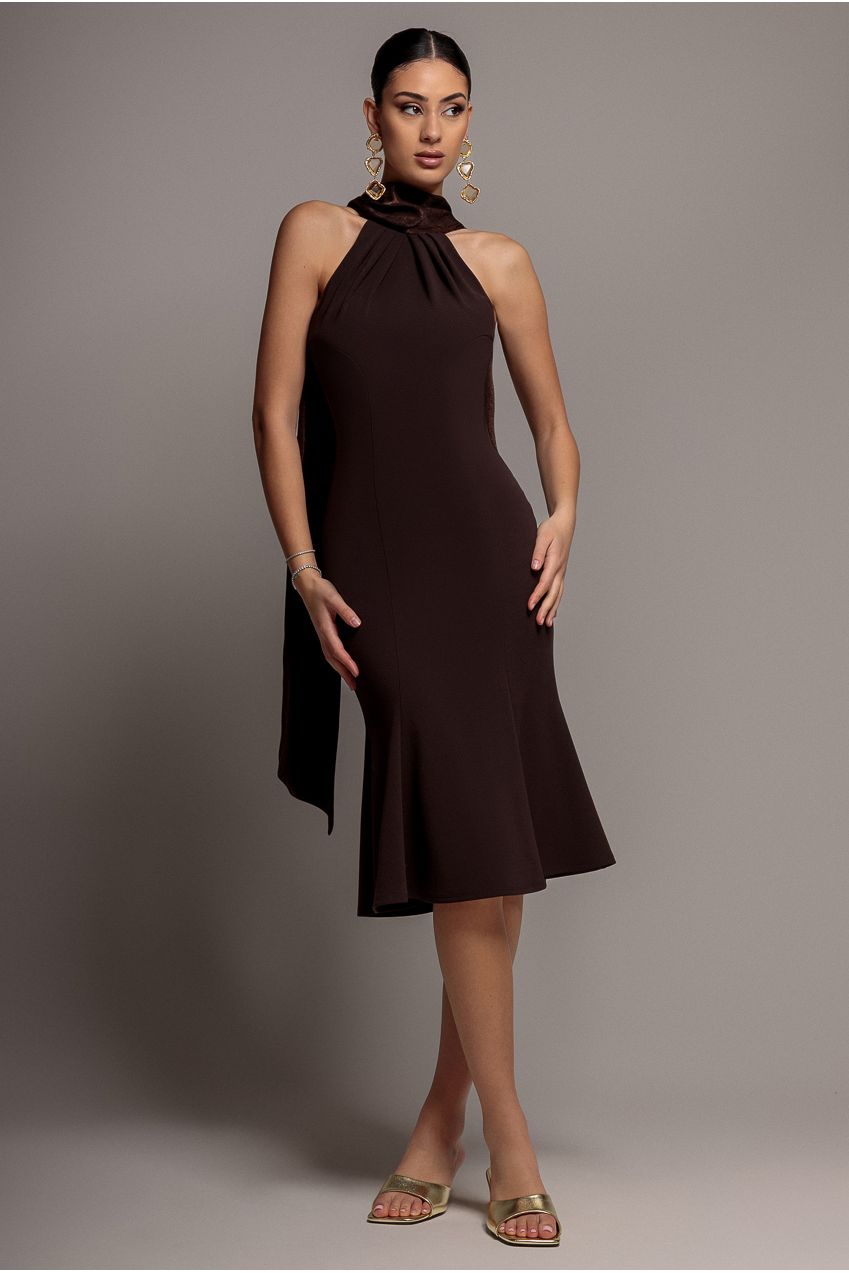 Scuba & Soft Satin Halterneck Midi Dress With Back Sash - Brown DR5022