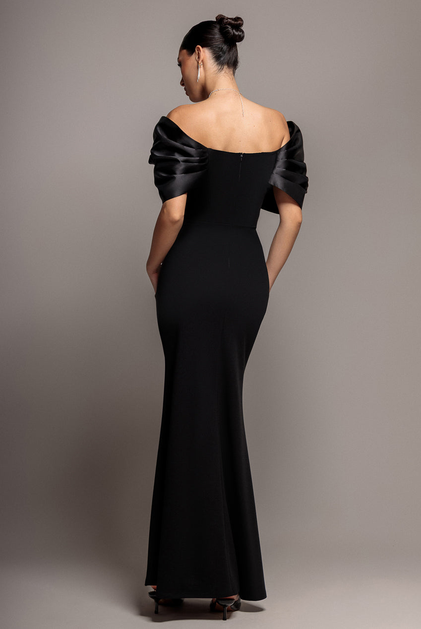 Satin Plunge Neck Bardot Scuba Maxi Dress - Black DR5040