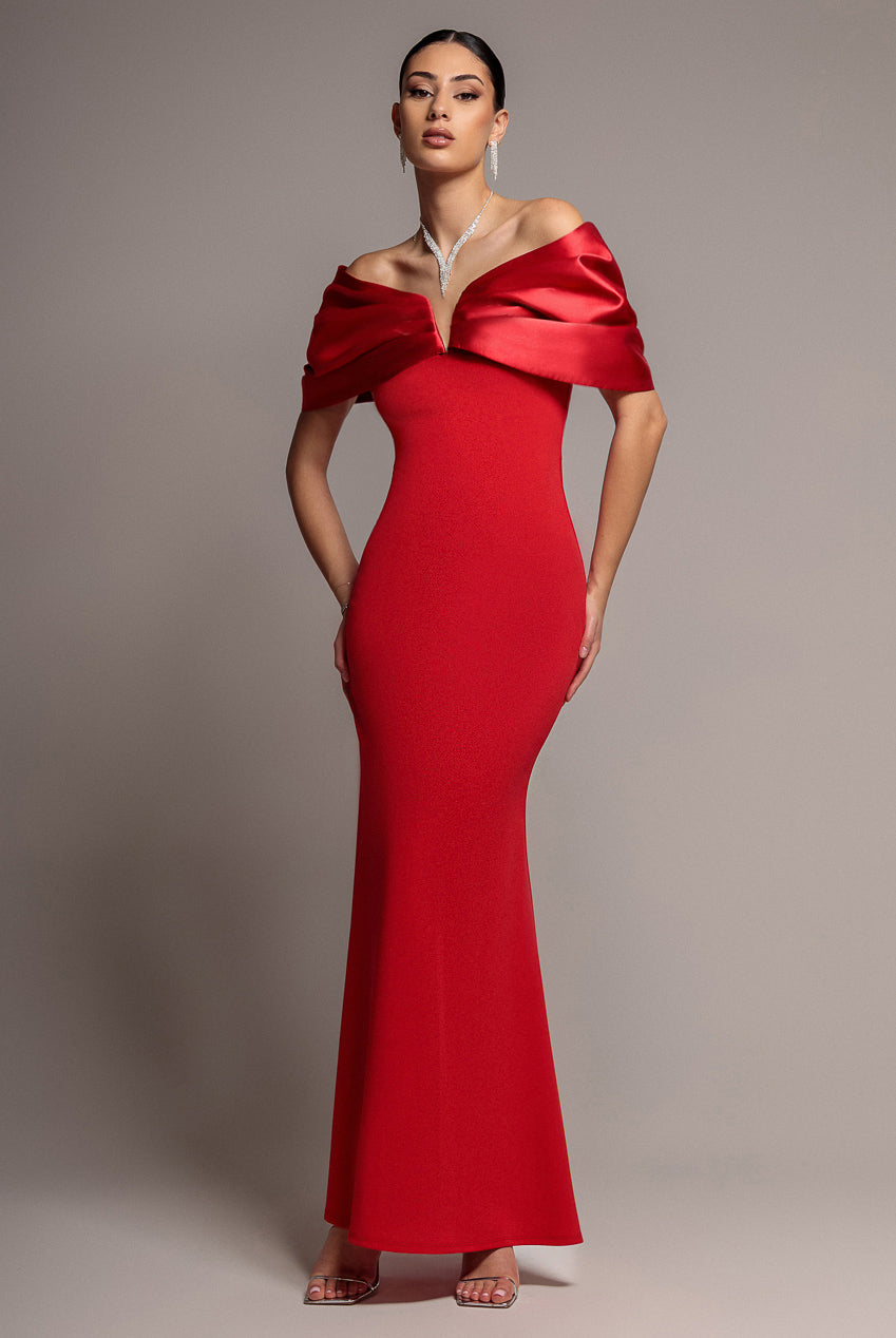 Satin Plunge Neck Bardot Scuba Maxi Dress - Red DR5040