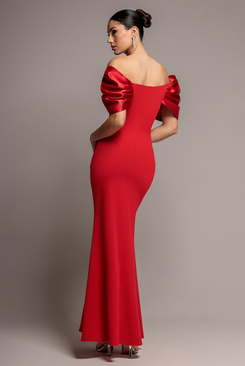 Satin Plunge Neck Bardot Scuba Maxi Dress - Red DR5040