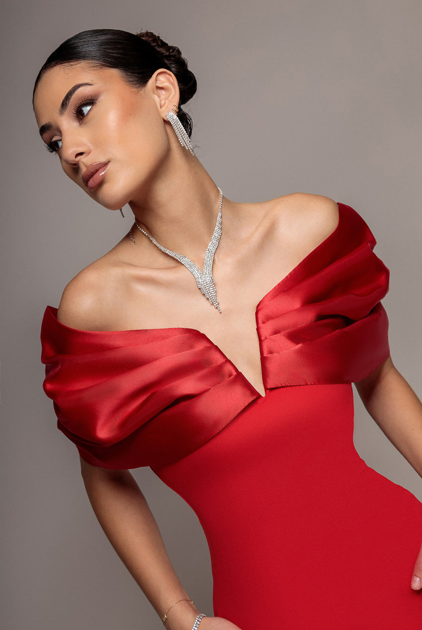 Satin Plunge Neck Bardot Scuba Maxi Dress - Red DR5040