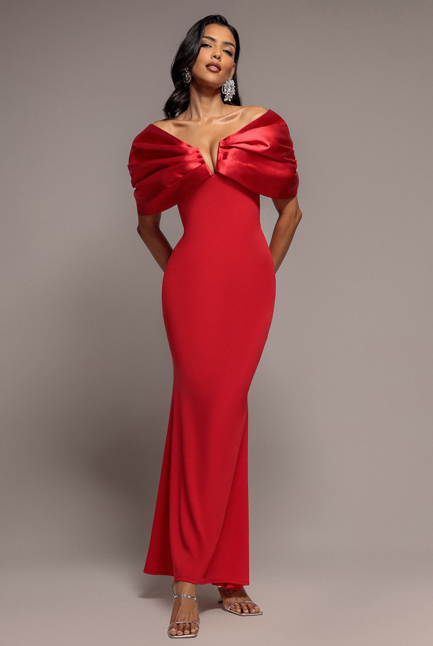 Satin Plunge Neck Bardot Scuba Maxi Dress - Red DR5040