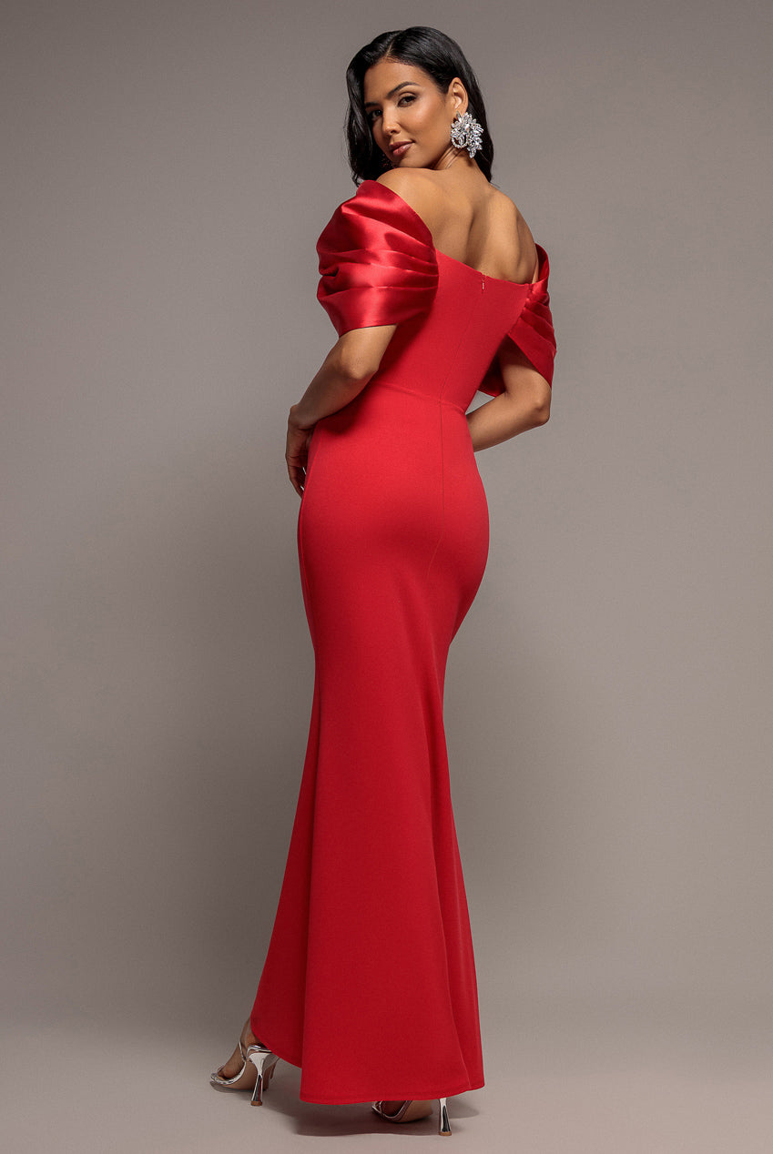 Satin Plunge Neck Bardot Scuba Maxi Dress - Red DR5040