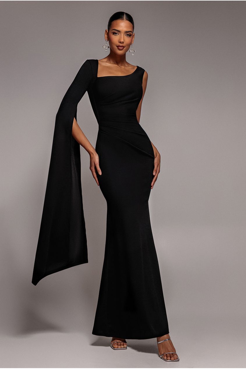 One Shoulder Cape Sleeve Maxi Dress - Black | Goddiva One Shoulder Cape Sleeve Maxi Dress - Black | Goddiva