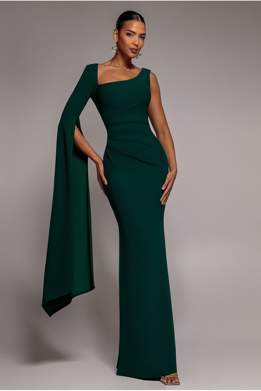 One Shoulder Cape Sleeve Maxi Dress - Emerald Green