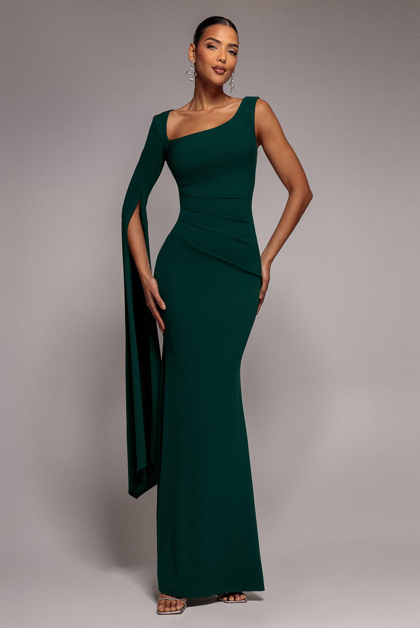 One Shoulder Cape Sleeve Maxi Dress - Emerald Green DR5041
