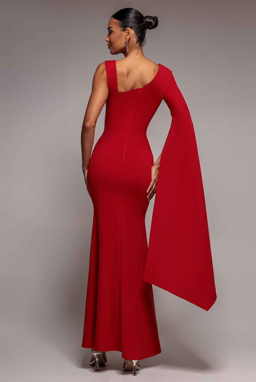 One Shoulder Cape Sleeve Maxi Dress - Red DR5041