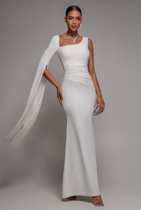 One Shoulder Cape Sleeve Maxi Dress - White by Goddiva