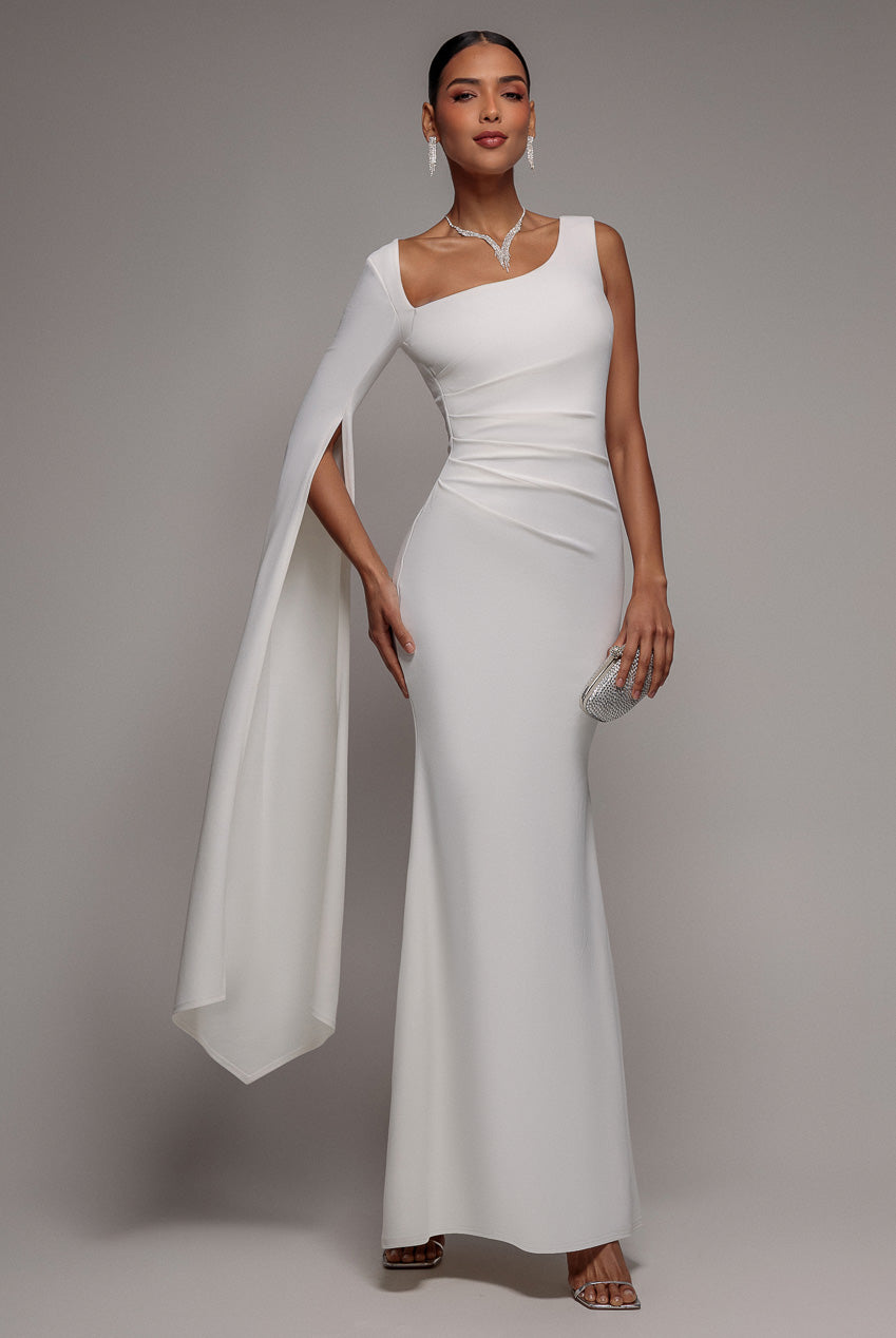 One Shoulder Cape Sleeve Maxi Dress - White DR5041