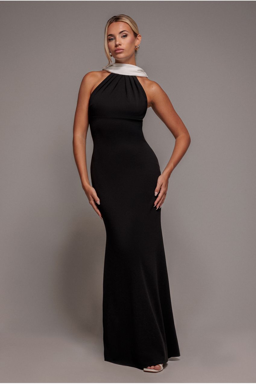 Contrast Crepe Halterneck Maxi Dress With Sash - Black Cream DR5044