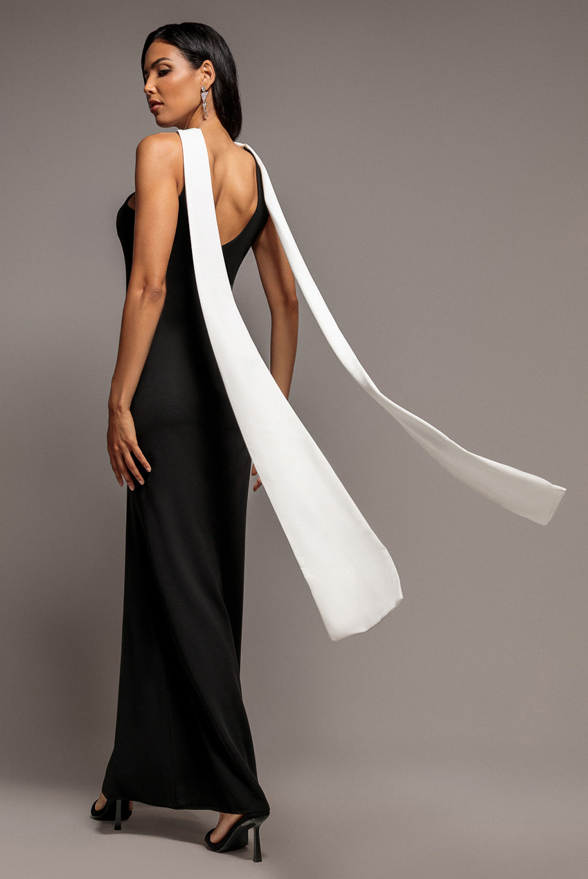 Contrast Crepe Halterneck Maxi Dress With Sash - Black Cream DR5044
