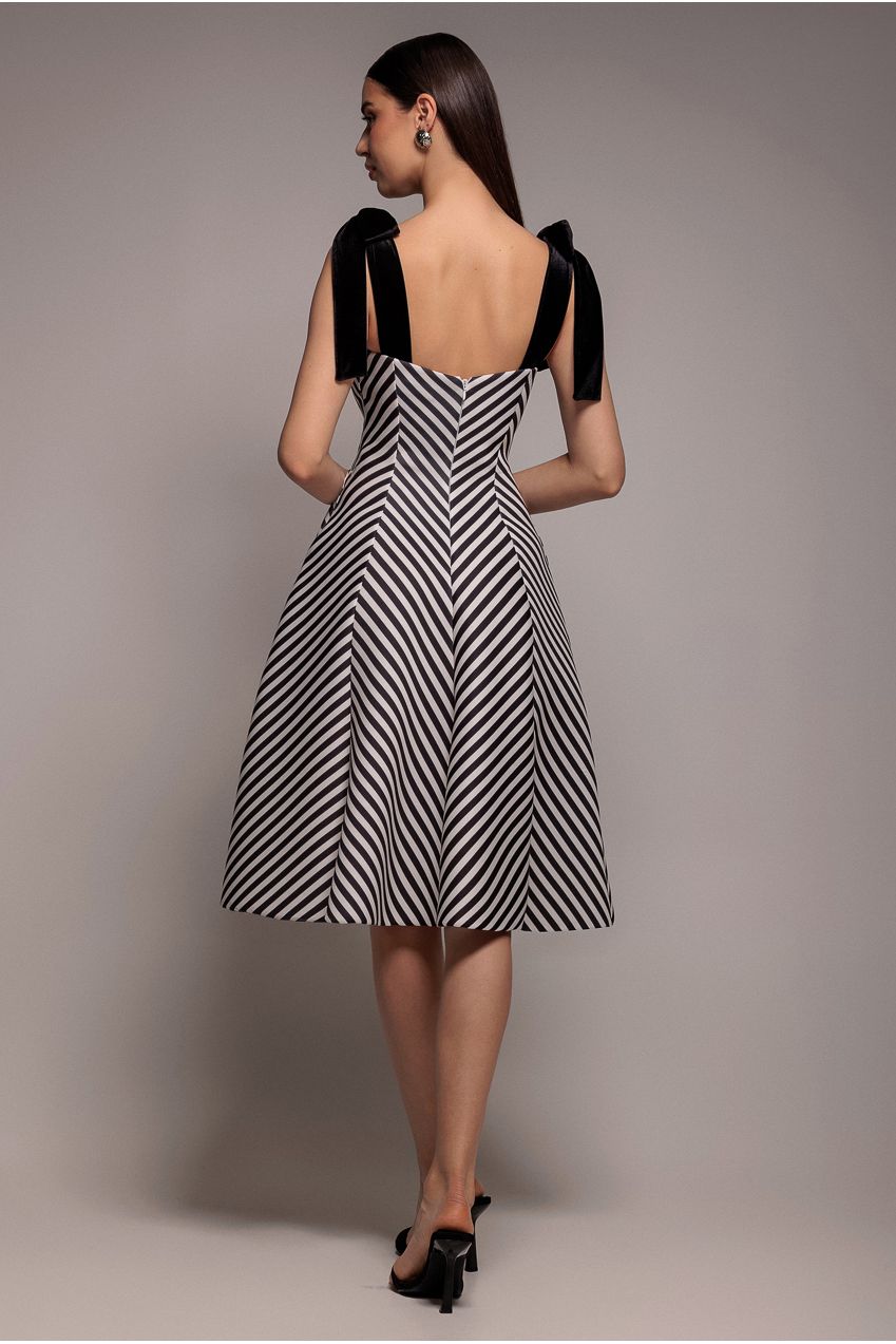Diagonal Stripe Velvet Bow A Line Midi Dress - Black White DR5050
