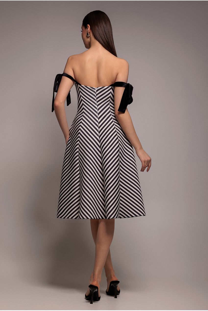 Diagonal Stripe Velvet Bow A Line Midi Dress - Black White DR5050