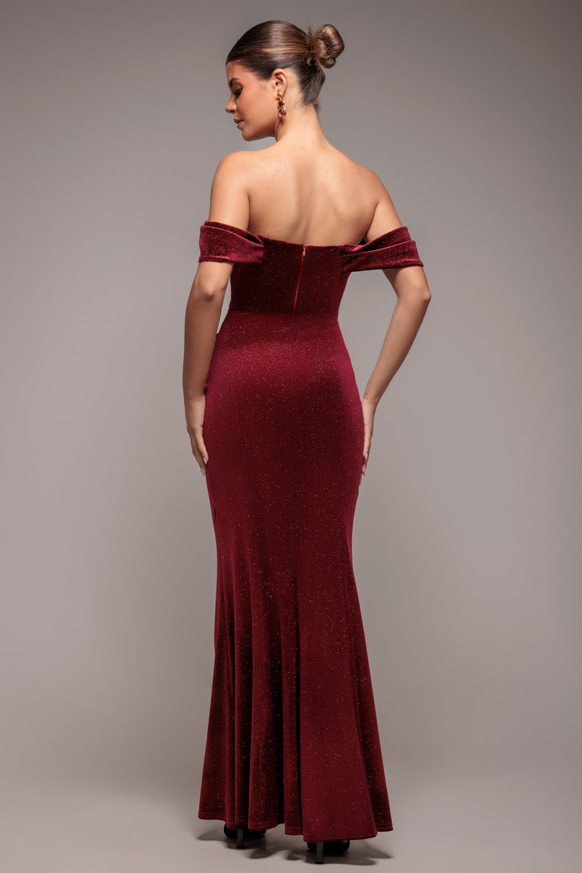 Glitter Velvet Cowl Neck Pleated Waist Maxi Dress - Wine DR5052
