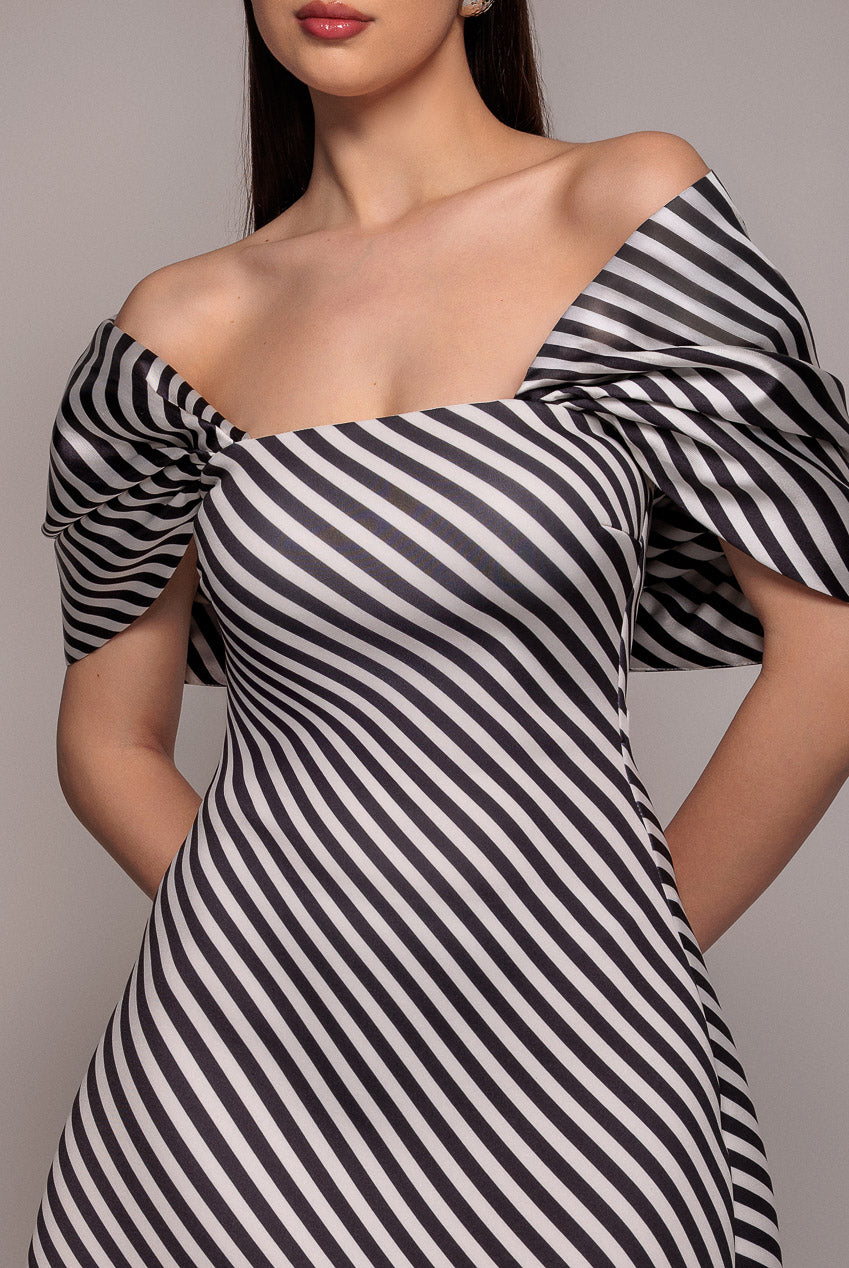 Stripe Off Shoulder Bow Back Satin Bow Mini Dress - Black White DR5053