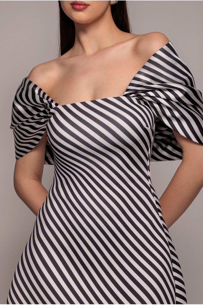 Stripe Off Shoulder Bow Back Satin Bow Mini Dress - Black White DR5053