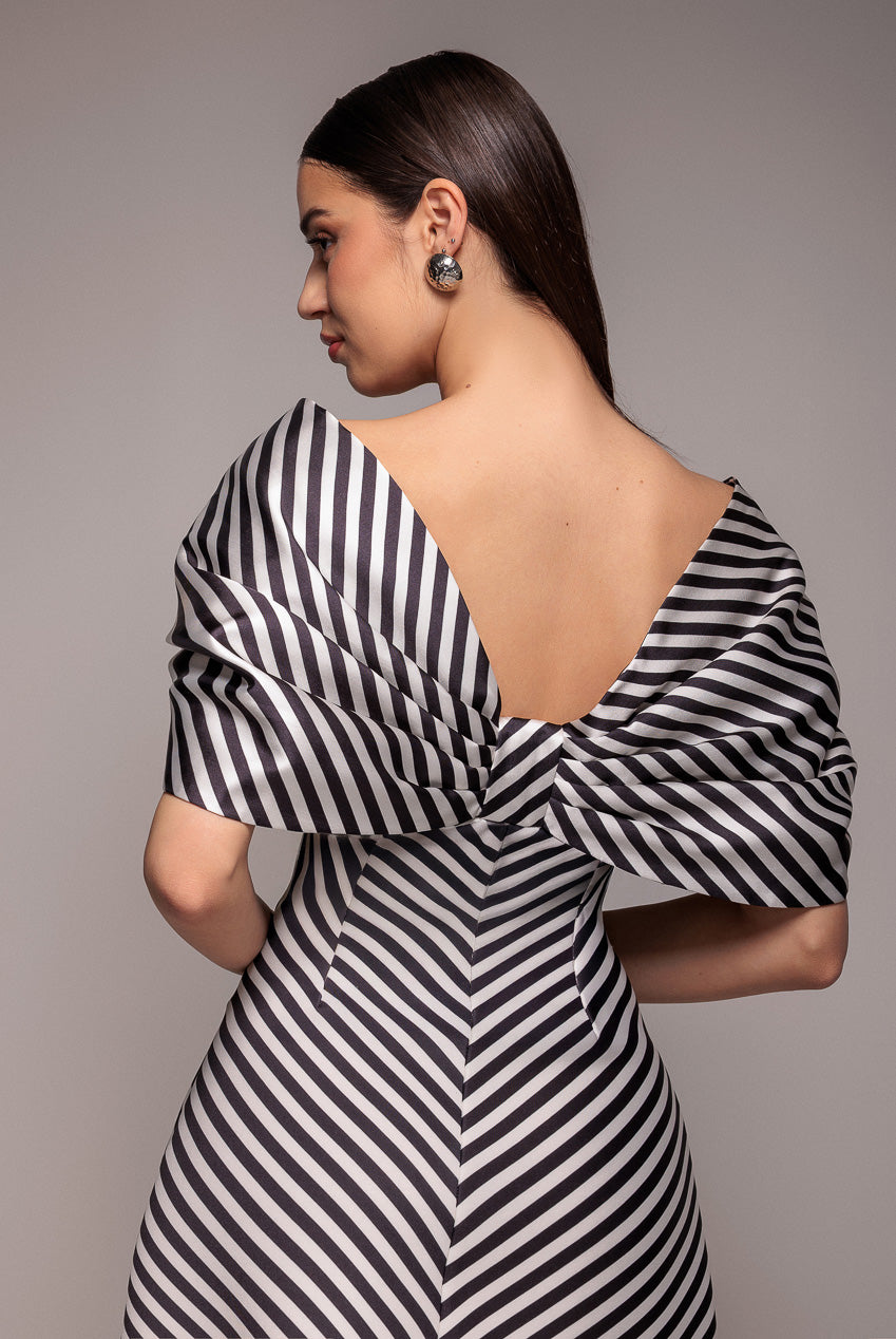 Stripe Off Shoulder Bow Back Satin Bow Mini Dress - Black White DR5053