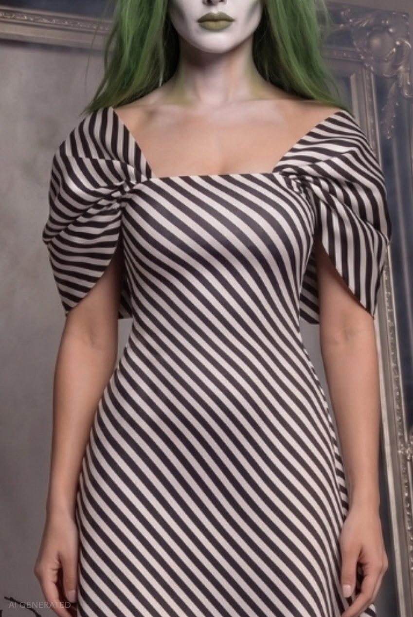 Striped A-line Mini Beetlejuice-Inspired Halloween Costume - Black White DR5053-HAL