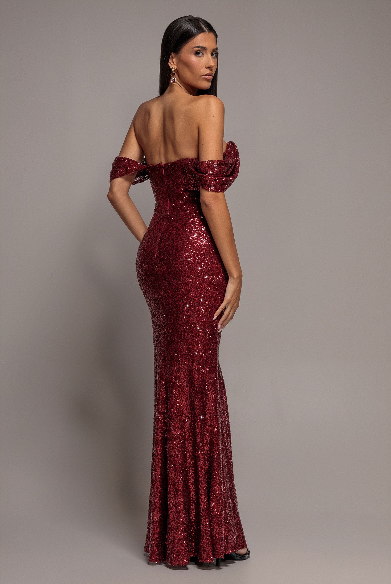 Front Gathered Sequin Wing Maxi Dress - Wine DR5054