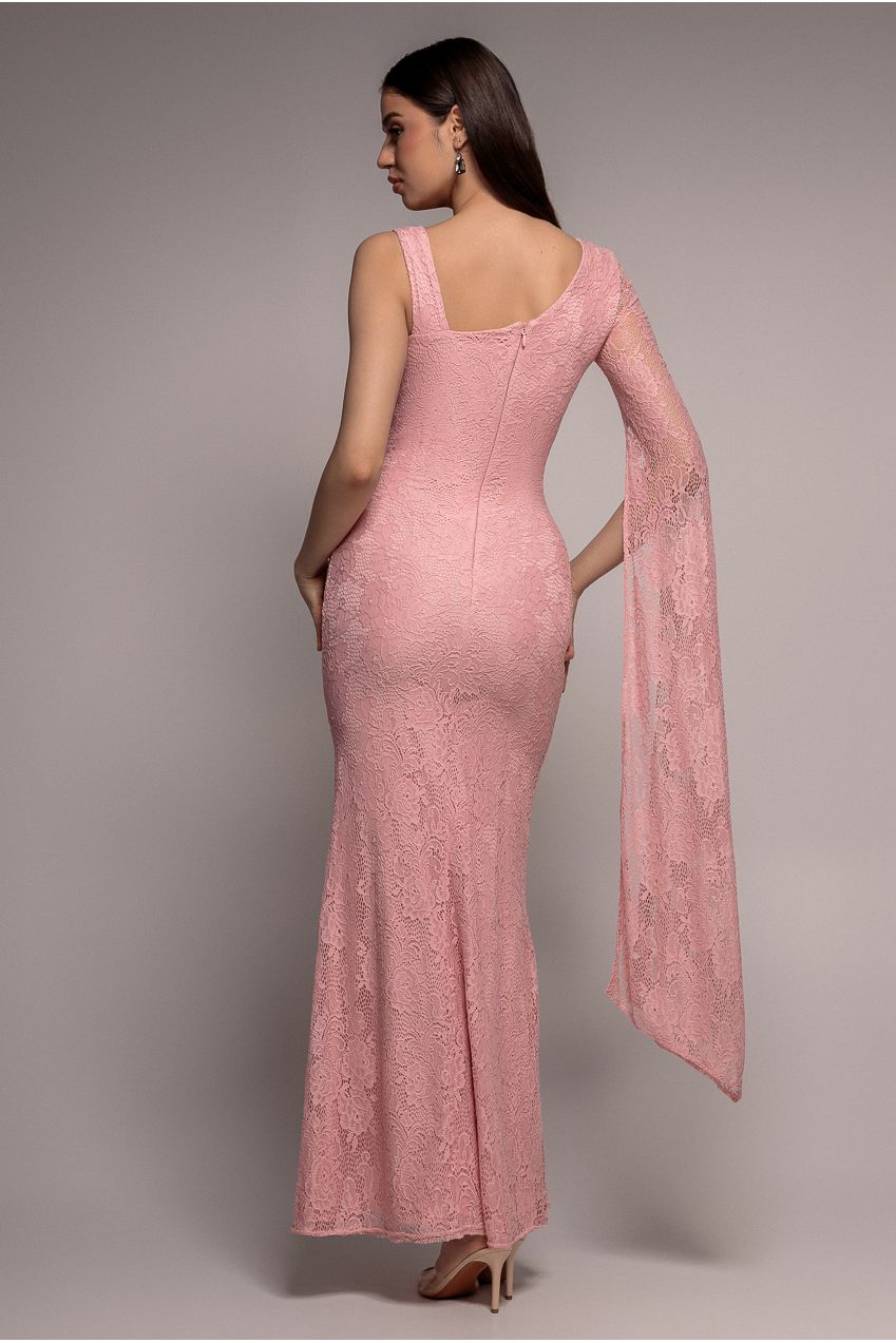 One Shoulder Cape Sleeve Pleated Lace Maxi Dress - Blush Pink DR5065