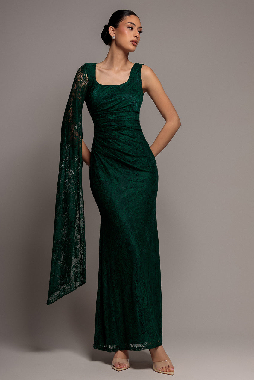 One Shoulder Cape Sleeve Pleated Lace Maxi Dress - Emerald Green